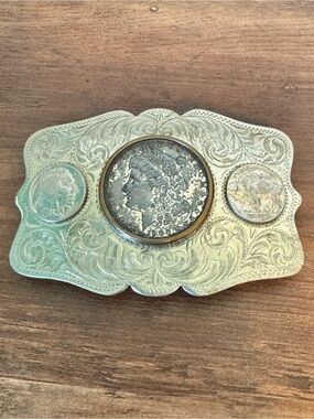 COMSTOCK Vintage German Silver Belt Buckle Morgan Dollar Indian Buffalo Nickel